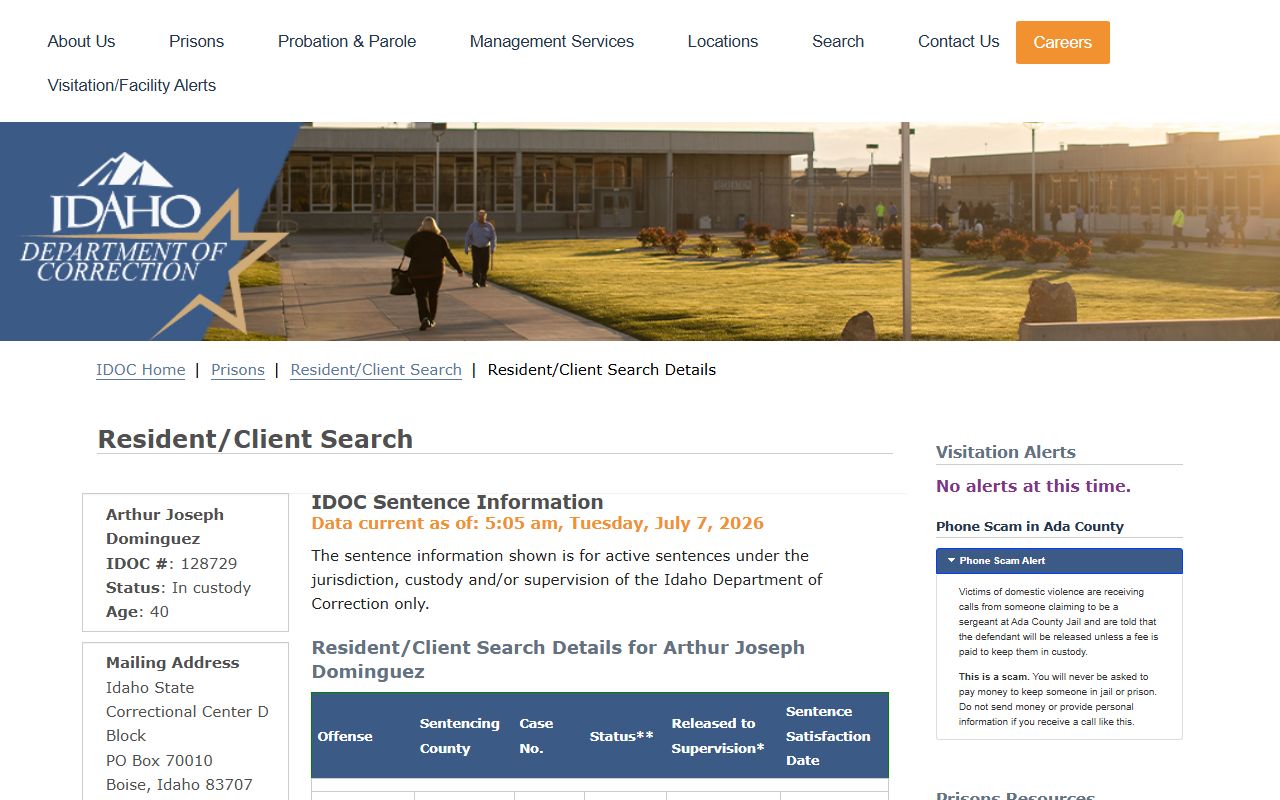 Lincoln County inmate search IDOC sample resident detail record
